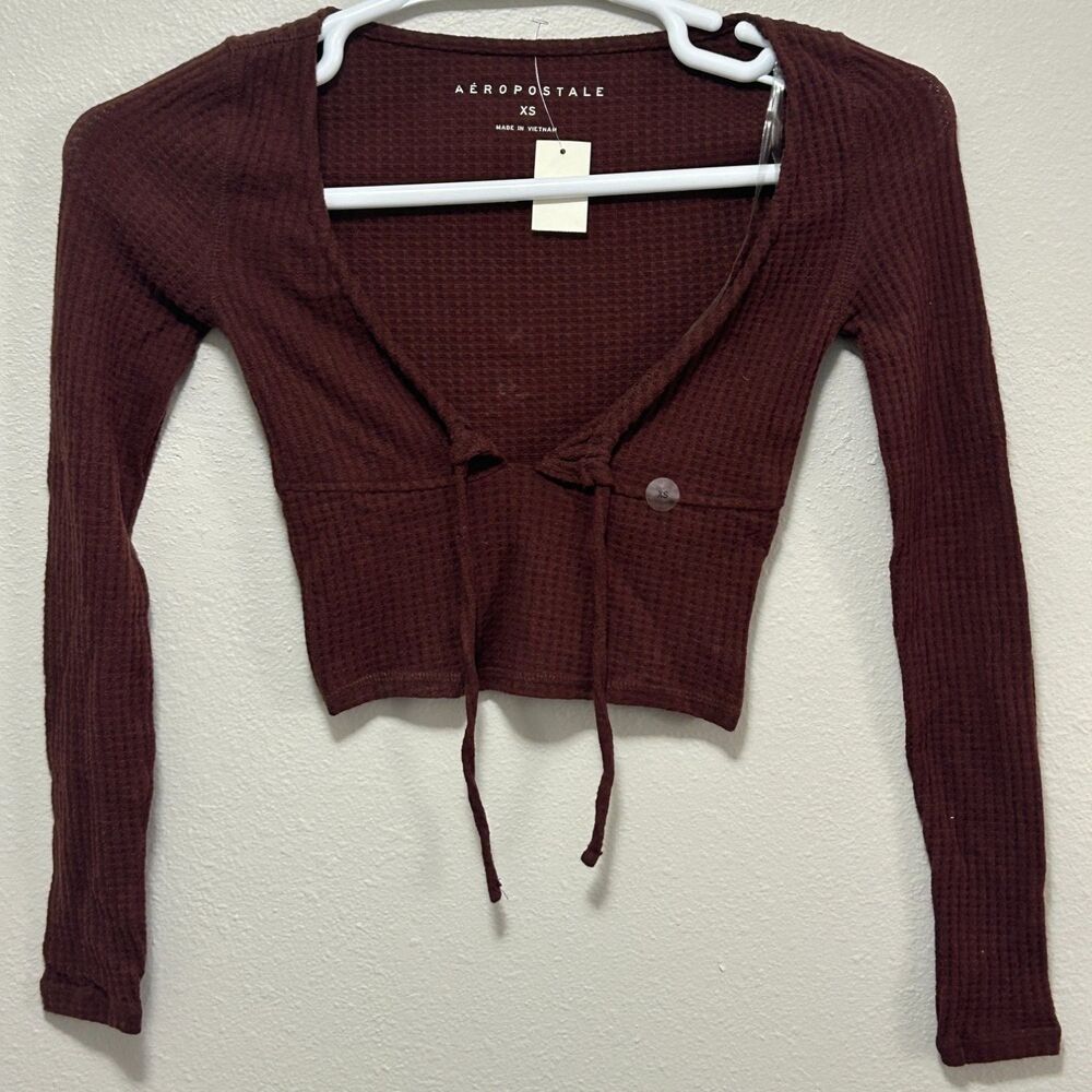 Aeropostale Women's Top XS Burgundy Waffle Knit Texture Cotton Sleeve Blend